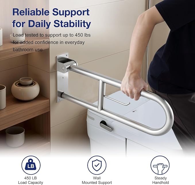 24 Inch Toilet Grab Bar with Paper Holder, Flip Up Handrail | Brushed 304 Stainless Steel | Wall mount | 1.25 inch grip | Space saving fold up design | Template & hardware included