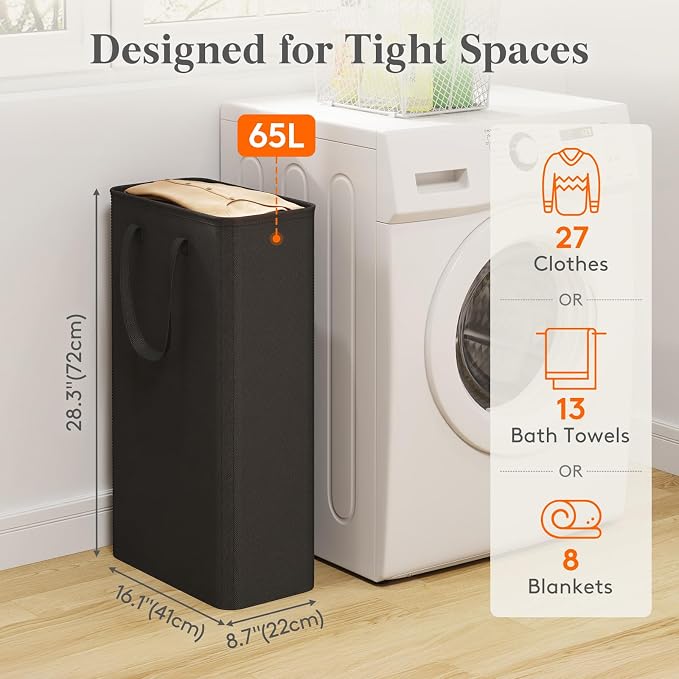 Lifewit Slim Collapsible Laundry Basket with Handles, 65L, Black | Narrow Laundry Hamper for Dirty Clothes, Tall Thin Laundry Bin, Small Clothes Hamper for Bathroom, Bedroom, RV, Dorm