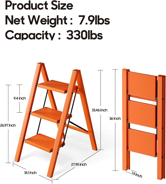 HillhutApex Aluminum Step Stool Foldable,3 Step Ladder (Orange) | Lightweight Portable step ladder with Anti-Slip Wide Pedal,330lbs Capacity Ladder for Household,Office,Kitchen