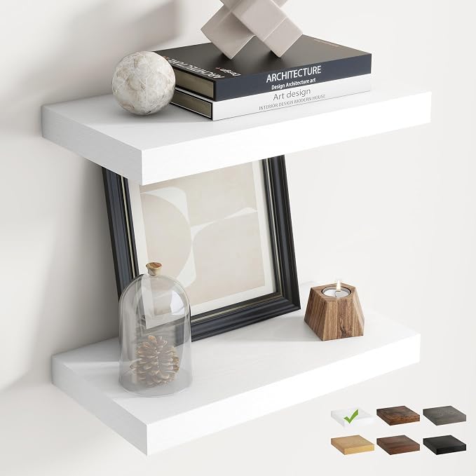 16 Inch Floating Shelves for Wall 2 Pack, 8"D Wood Grain Bathroom Shelves | Invisible Brackets, White Finish, Easy Install | Engineered Wood Storage Shelves for Kitchen, Study, Bedroom
