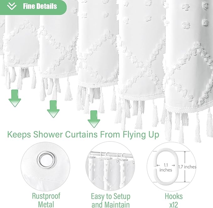Long Boho Farmhouse Shower Curtain Tufted Geometric 72"x78" White | 78 Inch Tall, Elegant Tassel, Lightweight Textured Fabric, Water Repellent, Washable, Hotel Spa, for Bathroom/Dorm 12 Hooks