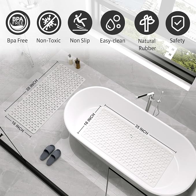 Shower Mat Non Slip Bath Mat for Tub - 35" x 16" Soft TPE Bathtub Mat Non Slip Shower Mats for Inside Shower, Anti Slip Shower Mat with Suction Cups, Quick-Drying Bath Tub Mat, White