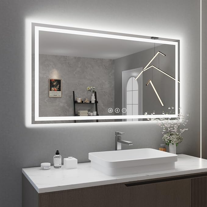 WTTY 55" x 30" LED Bathroom Mirror with Light | Anti-Fog, Dimmable, 3 Color Temperature, Memory Function, Tempered Glass, IP54 Waterproof, ETL Listed