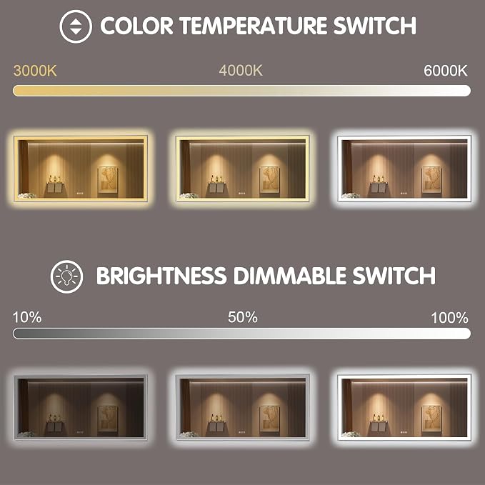 55x36 Inch LED Bathroom Mirror with Silver Frame | Silver Metal Frame, Front and Backlit, 3 Colors, Dimmable, Memory, Anti Fog, Tempered Glass, Lighted Mirror for Wall