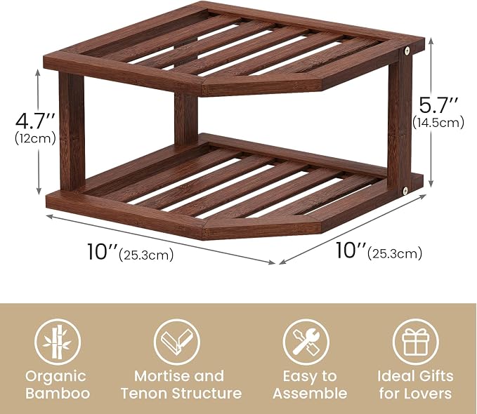 VERTORGAN 2 Tier Bamboo Dish Drying Rack,Corner Shelf 2 Pack(Brown) | Pantry Storage,Dish Rack,Spice Rack,Corner Organizer,Kitchen Counter Shelves,Kitchen Storage,Holds Plates