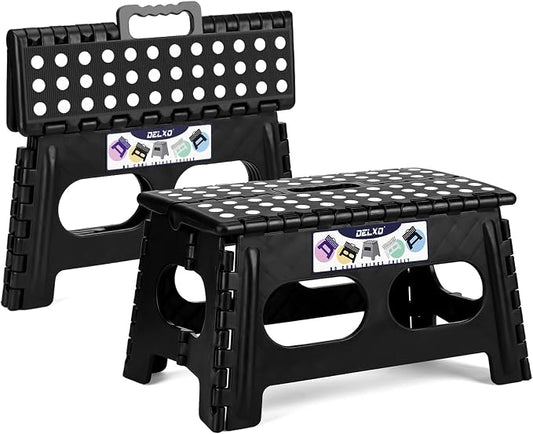 Delxo Folding Step Stool 9 inch 2 Pack,300 Lbs Step Stool for Kids&Adults | Foldable Step Stool,15-Inch Extra Wide Non-Slip Foot Stools with Handle Lightweight for Kitchen,Bathroom,Bedroom,Garden Black