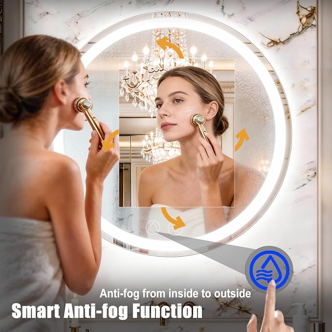 LTFUUAI 28" Round LED Bathroom Mirror with Lights, Front & Back Light | Lighted Bathroom Mirror, Touch 3-Color Stepless Dimming, Wall Mounted, Anti-Fog Shatterproof, UL Listed