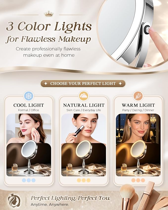 30X/1X Magnifying Mirror with Lights, Rechargeable Lighted Makeup Mirror | Chome, 5000mAh Battery, 3 Color Dimmable Lights, 8in, Side Touch Control, Side Charging, 360° Rotation, Extendable Arm