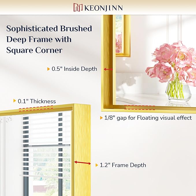 Keonjinn 72x36 Inch Gold Bathroom Mirror for Over Sink, HD Tempered Glass | Rectangular, Vanity Mirror, Brushed Framed, Square Corner, Modern Farmhouse, Wall Mounted Mirrors, Aluminum Alloy