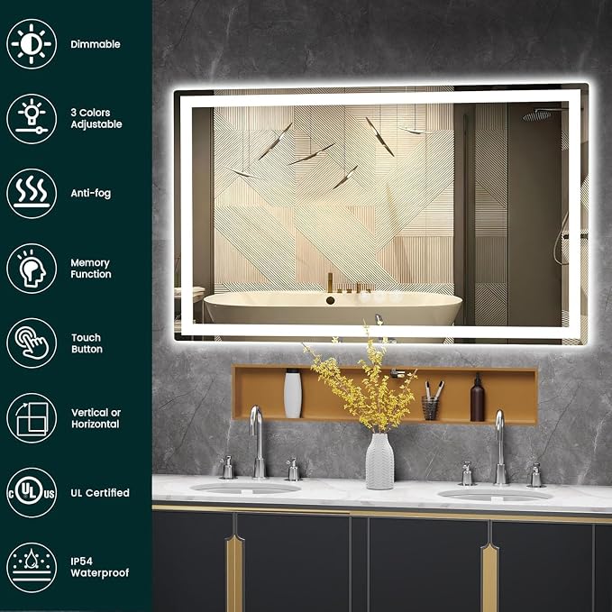 36" x 60" LED Bathroom Mirror with Lights, Memory Vanity Mirror | Anti-Fog, 3 Color Modes, Dimmable, Front Lit, Memory Function, Tempered Glass, Lighted Bathroom Mirror for Wall