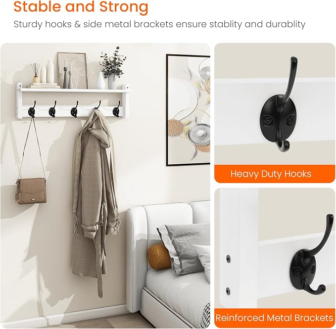Coat Rack with Shelf Wall Mount, 24 Inch Long Wall Shelf with Hooks Underneath, Wood Hanging Coat Hanger with Hat Shelves for Entryway, Bathroom, Mudroom, White