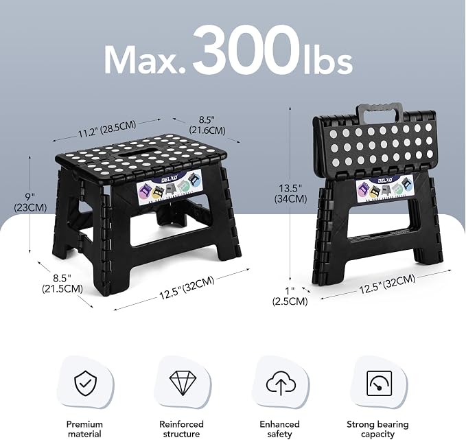 Delxo 9 Inch Kids Step Stool,300 Lbs Folding Step Stool for Toddler Black | Foldable Step Stool,Non-Slip Foot Stools with Handle, Lightweight Collapsible Stool for Kitchen,Bathroom,Bedroom,Garden