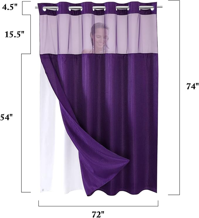 No Hook Cloth Purple Shower Curtain with Liner, 72x74 | Snap-in Fabric Liner, Hotel Style with Mesh Top Window, Waterproof Coating, Machine Washable, Rustproof Grommets