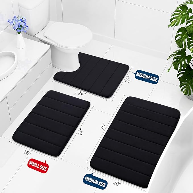Buganda Memory Foam Bath Mat 70 x 34, Ultra Soft Absorbent Bathroom Rugs | Black, Machine Washable Quick Dry Bath Mats for Bathroom Floor, Shower and Tub, Home Decor Accessories