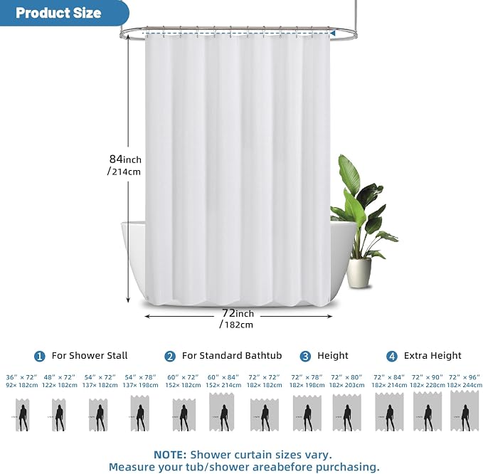 2-in-1 Waterproof Fabric Shower Curtain - No Separate Liner Needed, Hotel-Style Waffle Weave, Effortless Cleaning & Washable Bathroom Shower Curtain Set,72Wx84White