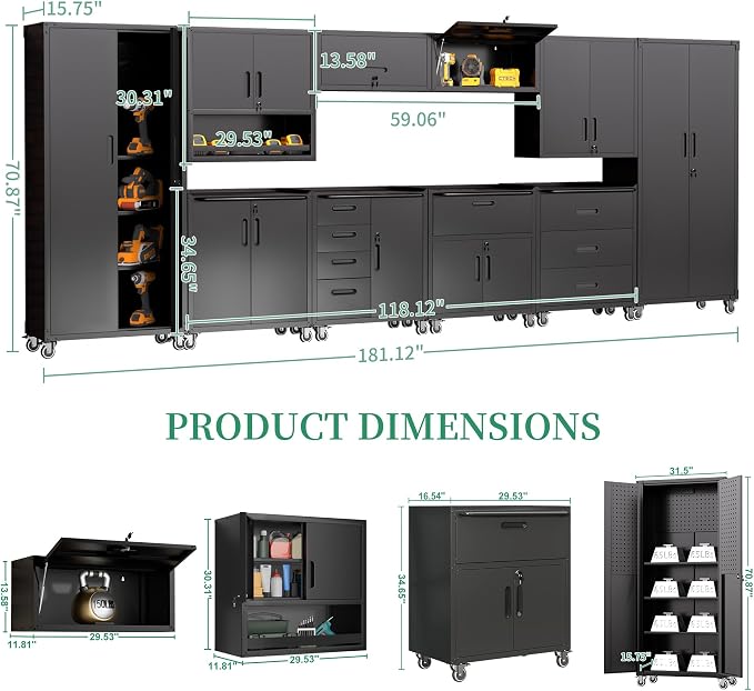 Garage Storage Cabinet System,Wall Cabinet & Locking Rolling Tool Cabinet with Doors and Adjustable Shelves