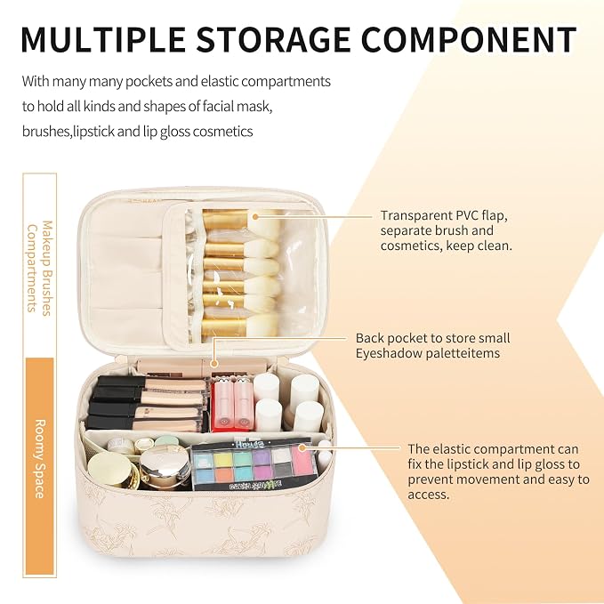 Makeup Bag for Women - Travel Cosmetic Organizer with Brush Slot & Divider, Large Capacity Toiletry Bag for Girls, Travel Makeup Case for everyday Make up Accessories -Beige floral