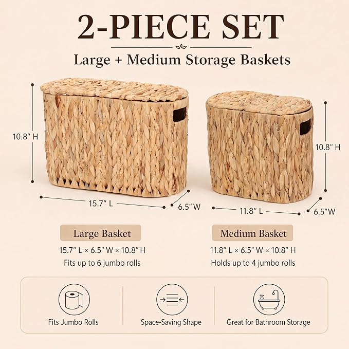 2 Pcs Toilet Paper Basket with Double Lids Handles for 6 Mega Rolls | Water Hyacinth Wicker Paper Storage Holder Bathroom Organizer Rattan Basket Accessory