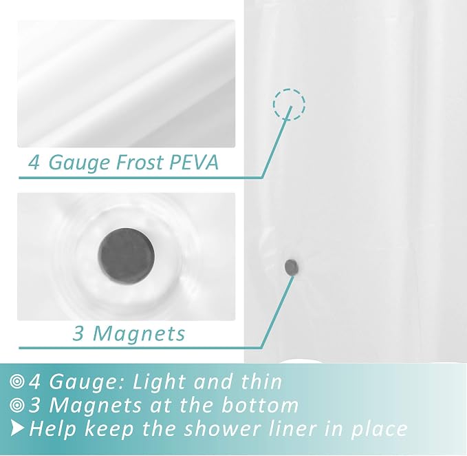72x108 Extra Long Shower Curtain Liner with Magnets, Frost | 3 Bottom Magnets,12 Rustproof Grommets,Water Proof Lightweight PEVA,72W x 108H Super Long Shower Liner for Bathroom