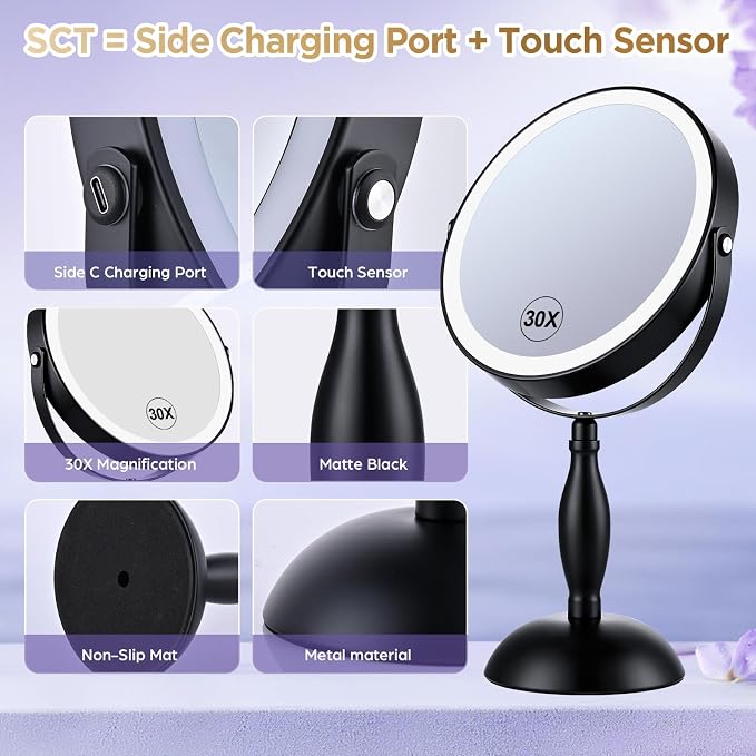 30X Magnifying Mirror with Lights-Matte Black 8" Dual Sided | (1X/30X) Lighted Makeup Mirror, 360° Swivel, 5000mAh Rechargeable Side Touch & Side Charging, 3 Colors & Dimmable Brightness