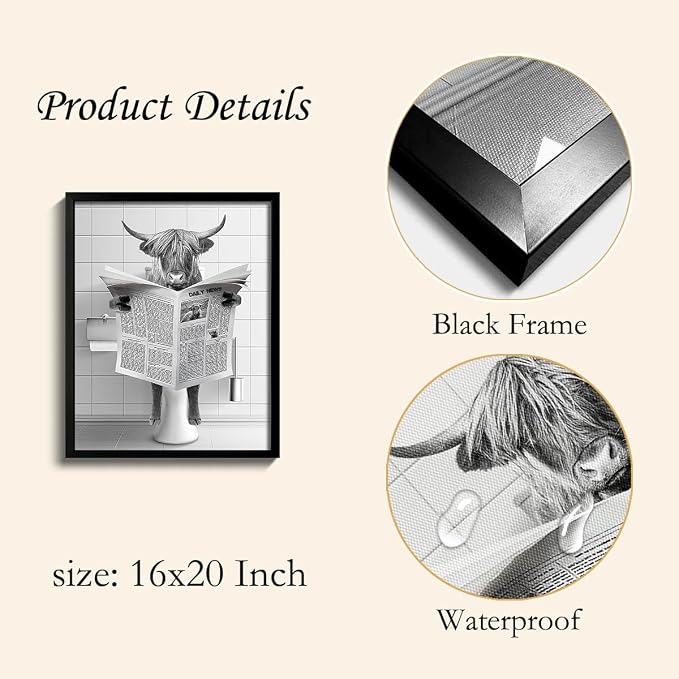 Ardakar Framed Highland Cow Wall Art, Bathroom Decor Wall Art, Vintage Black and White Wall Decor, Funny Bathroom Decoration Signs, Humor Animals Artwork, Cute Canvas Print Ready to Hang (Framed,16''x20'')