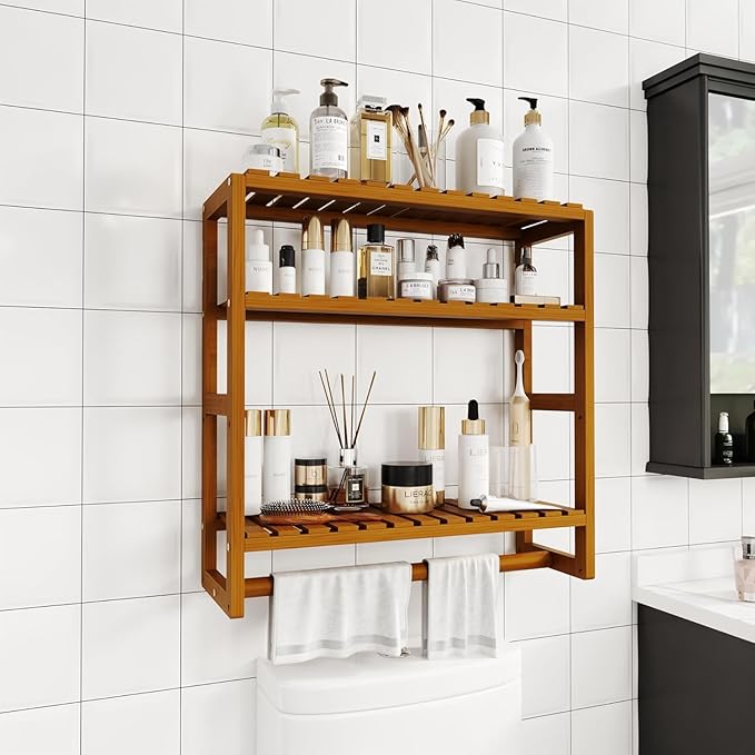 Galood Over The Toilet Storage Bathroom Shelves Wall Mounted 3 Tier Brown | Space Saver Corner Shelf Organizer Bamboo Towel Rack Toilet Paper Cabinet with Hanging Rod