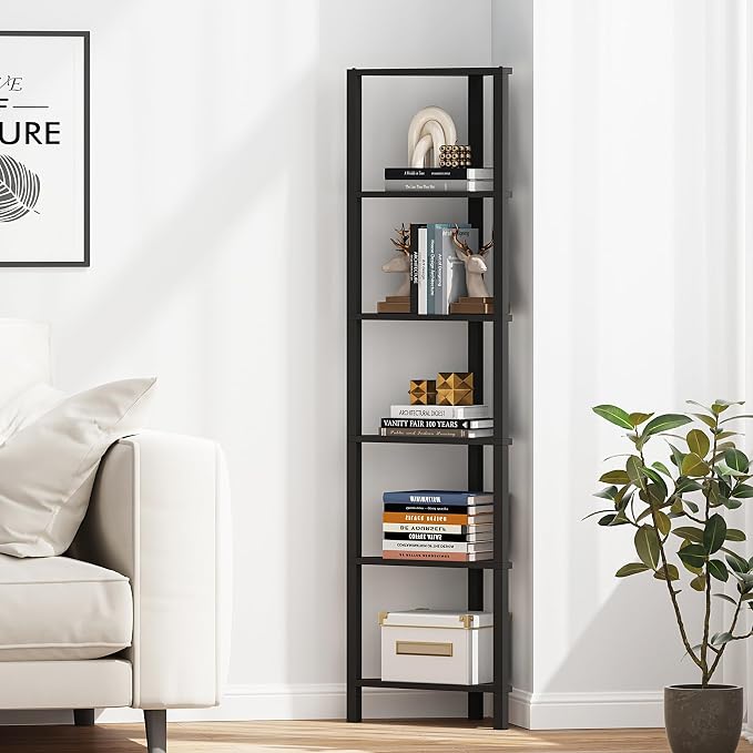TUTOTAK Corner Shelf, 6-Tier Corner Bookshelf for Small Space | Narrow Display Corner Shelf Stand with Storage Rack, for Living Room, Bedroom, Black BS05BK006