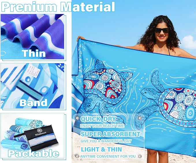 Widdonen Microfiber Beach Towel,Compact 4 Pack-71x32 Inch with Bag Travel | Extra Large,Lightweight,Thin,Sand Free,Quick Dry,Absorbent.Packable for Camping,Swim,Pool,Bath,Picnic,Cruise Essentials Gift