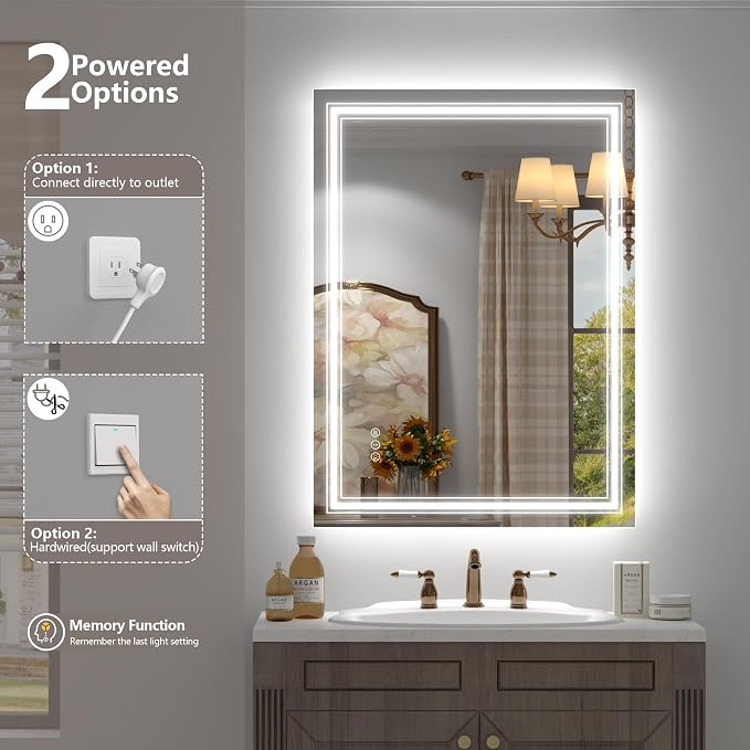 20x28 Inch LED Bathroom Mirror for Wall | Dimmable, Backlit and Front Lighted Vanity Mirror, Anti-Fog, Shatterproof, Memory, ETL Listed (Horizontal/Vertical)