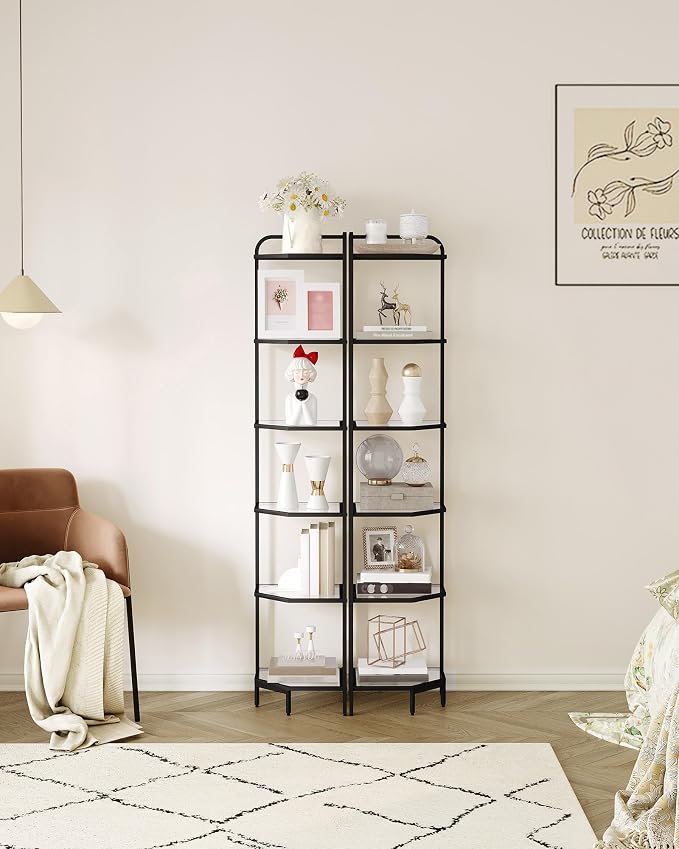 Hzuaneri Corner Shelf Stand, 6-Tier Glass Bookshelf Bookcase, Plant Stand | Bathroom Organizer Steel Frame, Tempered Glass, Modern Style for Living Room, Bathroom, Kitchen, Black CS90600B