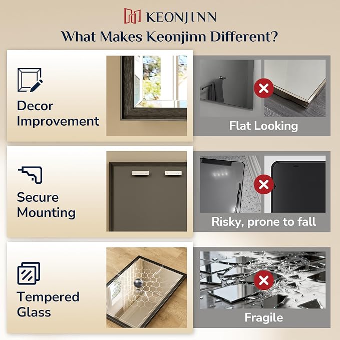Keonjinn 48" x 36" Black Framed Bathroom Mirror, Rustproof Aluminum Alloy | HD Tempered Glass with Beveled Edge, Secure French Cleat Installation, Large Black Bathroom Vanity Mirror for Over Sink