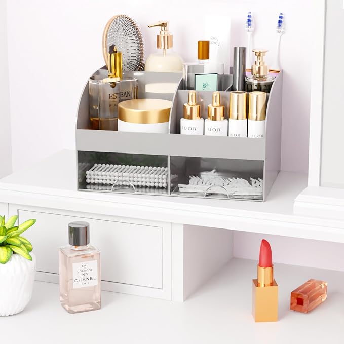 Makeup Organizer with Drawers, Cosmetic Storage for Dresser Vanity and Bathroom Countertop, Beauty Holder for Lipstick Brush, Skincare Organizer for Vanity, Cosmetic Display Case (Grey)