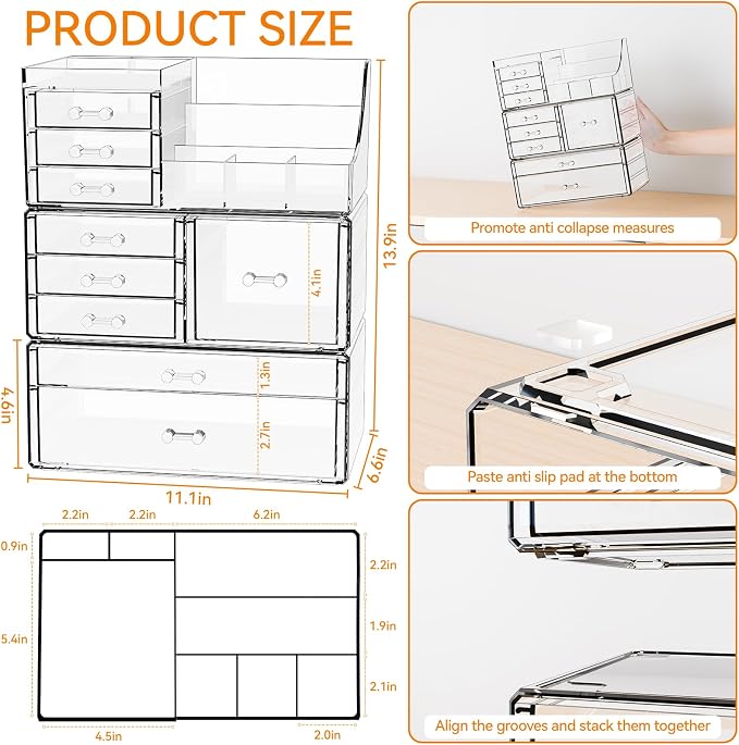 3 Pack Clear Makeup Organizer Countertop for Dresser,Vanity and Bathroom Counter Organizer,Tiered Stackable Makeup Acrylic Organizers with 9 Drawer for Skincare,Brush and Make up Holders