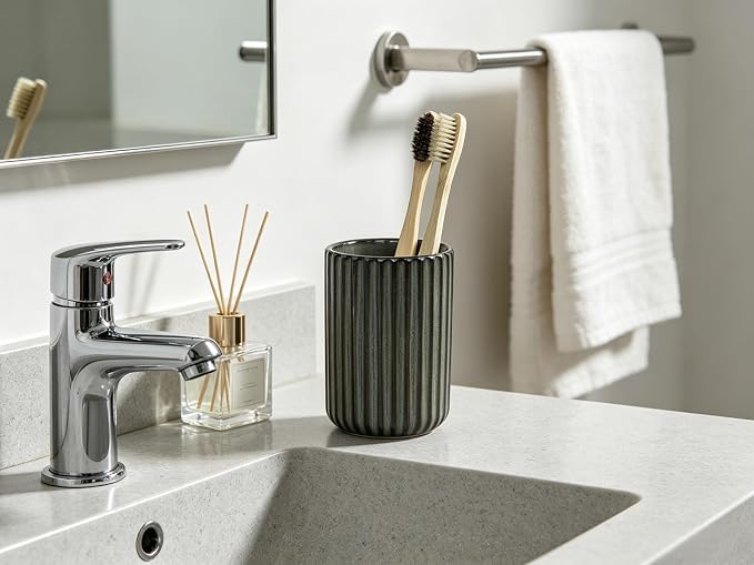 Stoneware Toothbrush Holder for Bathroom Tooth Brush Holder for Bathroom Toothbrush Cup Toothbrush Holders Cute Fluted Vertical Ribbed Stripe (Retro Bronze)