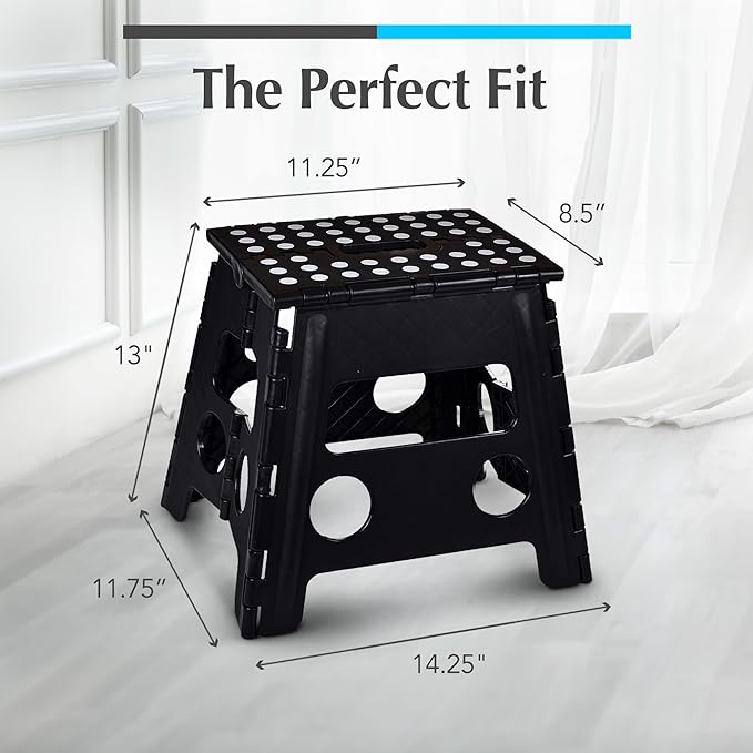 Handy Laundry Folding Step Stool 13 Inch, Black, Non-Slip Holds 300 lbs | 13 Inch, Black, Foldable Collapsible Step Stool, Non-Slip, Holds 300 lbs, Kitchen Bathroom Bedroom, Adults