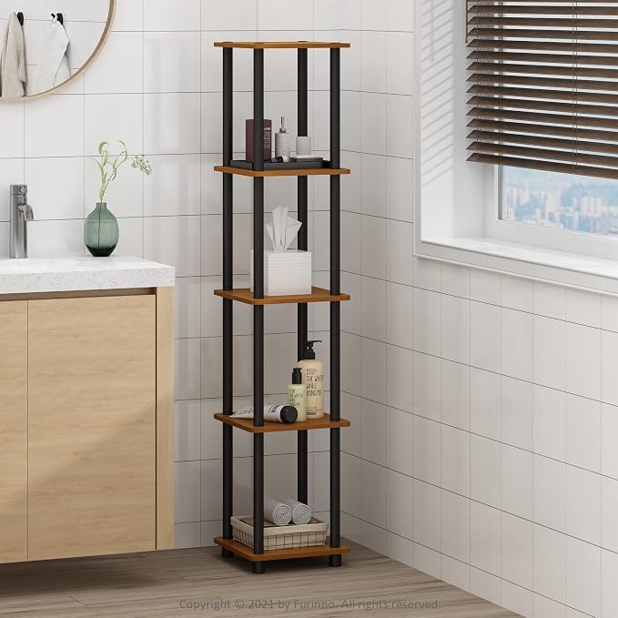 FURINNO Turn-N-Tube 5-Tier Corner Square Rack Display Shelf, Round, Light Cherry/Black