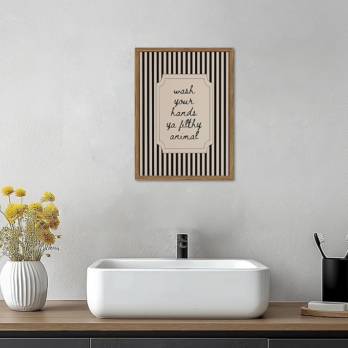 Funny Bathroom Sign Wall Art Wash Your Hands Ya Filthy Animal Quote Wall Decor Pictur Vintage Black White Striped Bathroom Poster Canvas Painting Prints for Restroom 24x16 inch Wood Framed