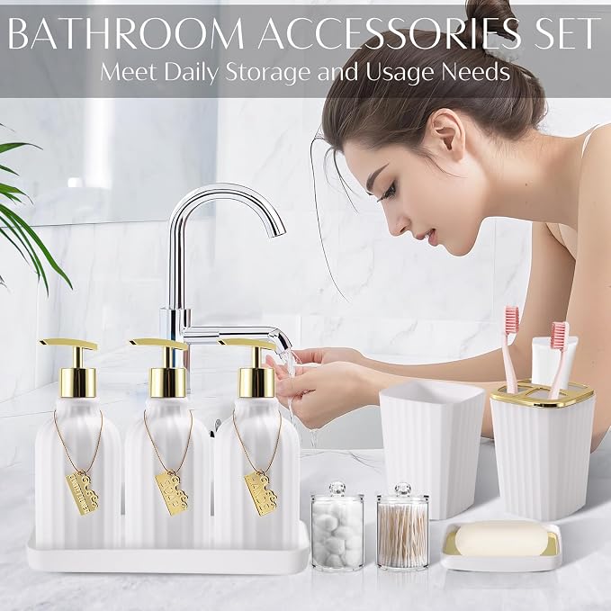 17PCS Bathroom Accessory Set Bathroom Set White and Gold Bathroom Accessories,Toilet Brush, Trash Can, Qtip Holder Dispenser& 3PCS Soap Dispenser