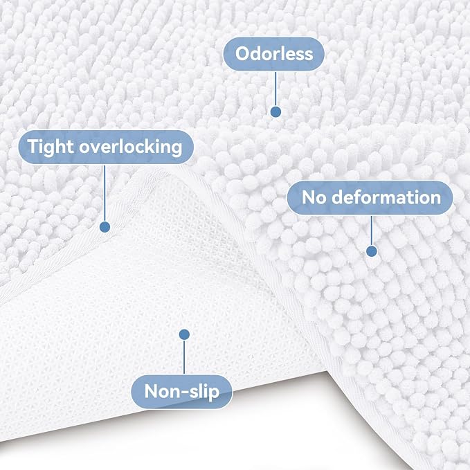 Bcoimo Bath Rug Mat,Chenille Extra Soft White Bathroom Floor Shower Tub Mat | Non Slip with Rubber Backing Bathroom Rugs;High Absorbent And Quick Dry 36x24 Microfiber mat; Machine Washable;Extra Soft mat