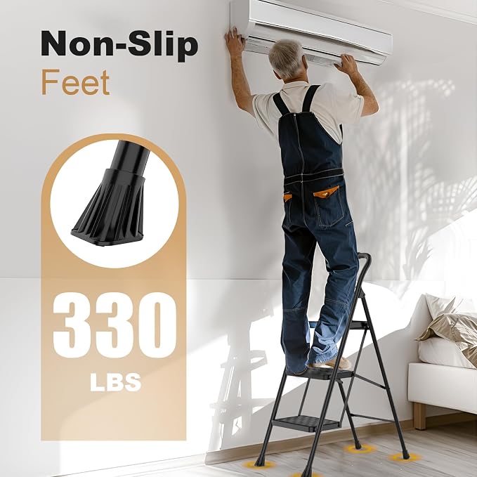 HBTower 3 Step Ladder, Step Stool Foldable for Adults | Wide Anti-Slip Pedal, Lightweight 3 Step Ladders for Home, Black