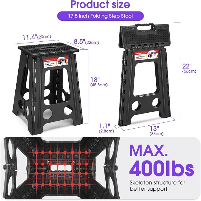 17.5 Inch Heavy Duty Folding Step Stool, 400 lbs, Dot Black | Collapsible Stepping Stool for Adults with Handle and Non-Slip Surface, for Kitchen, Garage, Bedroom and Outdoor Tasks