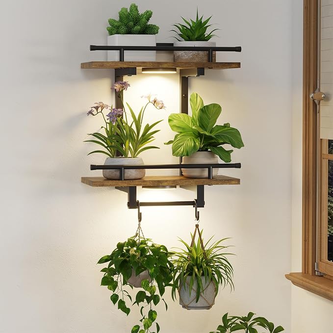 LASZOLA Floating Plant Shelves Holder Wall Indoor with Light, 1 Pack Brown | 2 Tier Window Hangers Stand with Hooks, Metal and Wood, Flower Hanging Display Rack for Bedroom Living Room Kitchen Decor