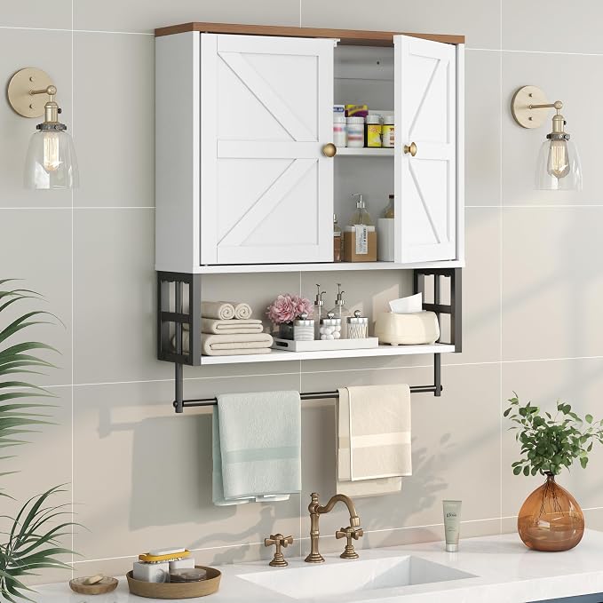 Wall Mounted Bathroom Storage Large Farmhouse Medicine Cabinet | 2 Doors & Adjustable Shelves 5 Hooks, 3-Tier for Over-Toilet, Laundry, Living, Bedroom, Kitchen, Space Saving