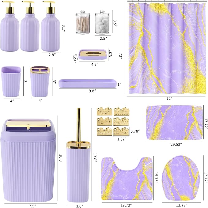21PCS Bathroom Sets with Shower Curtain and Rugs Bathroom Accessories Set Light Purple Bathroom Set Complete with Trash Can, Toilet Brush, Qtip Holder & 3PCS Soap Dispenser
