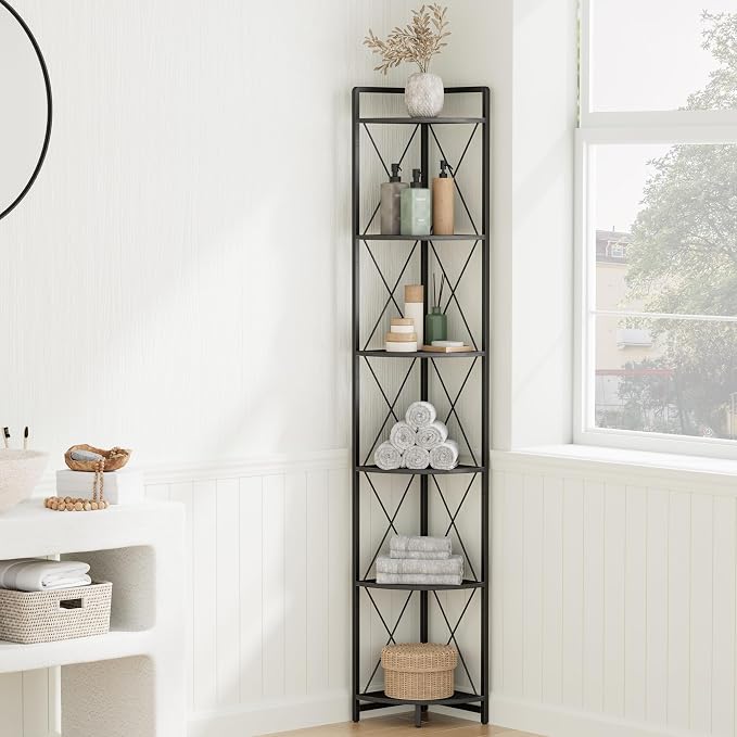6 Tier Corner Shelf Stand, 78" H Tall Corner Bookshelf, Black | Industrial Metal Corner Shelf for Living Room Decor, Plant Stand Display Shelf for Bedroom, Bathroom, Small Spaces