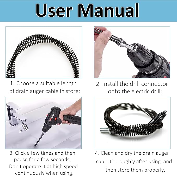 10mm Heavy-Duty Drain Auger Snake Cable with Drill Adapter - 6.5Ft/2M Flexible & Reusable Plumbing Clog Remover for Kitchen, Bathroom, Toilet, Shower Sink & Pipe