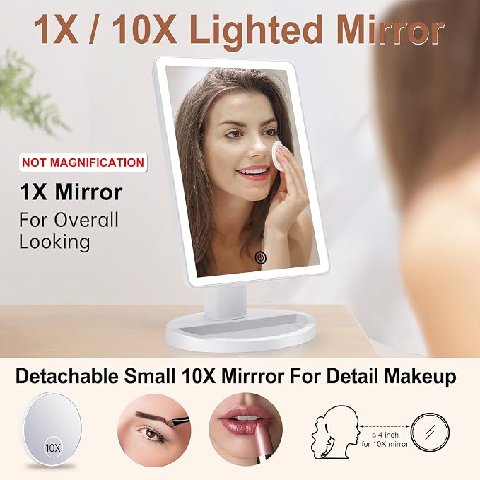 COSMIRROR Lighted Makeup Vanity Mirror with 72 LED Lights 3 Color Lighting | 10X Magnifying Mirror, Dual Power Supply, 180 Degree Rotation Cosmetic Tabletop Light up Mirrors