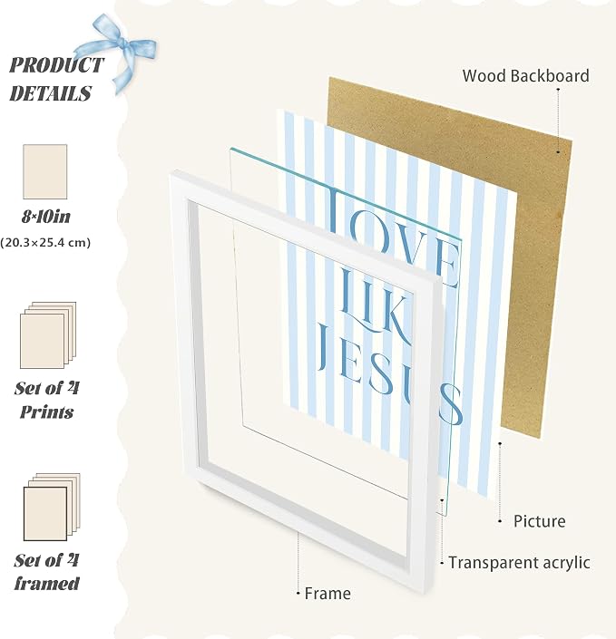 LARTSFRO Coquette Blue Bow Jesus Wall Art Decor Posters, Light Blue Bow Room Bedroom Bathroom Dorm Wall Art Decor Aesthetic for College Teen Girls Gifts, Inspirational Bible Verses Bow Wall Decor, 10x8 Inch Set of 4 Bow Pictures (WHITE FRAMED)
