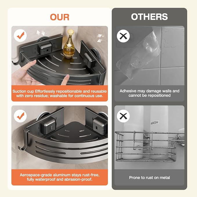 Lekesky Corner Shower Caddy Suction Cup, Corner Shower Shelf with Hooks, Bathroom Shelves No Drilling, Bathroom Organiser for Bathrooms Storage (Aluminum, 2-Pack, Gunmetal Grey)