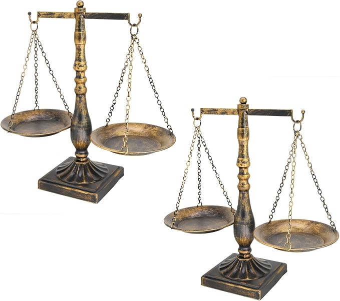 Owlgift Set of 2 Vintage Metal Libra Jewelry Towers Display Cosmetic Organizer Storage, Scale Centerpiece Stand, Antique Jewelry Storage, Farmhouse Candleholder Display – Bronze, 7.7“ W x 12.1“ H